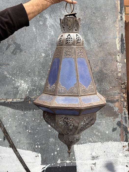 LARGE TIN LANTERN WITH BLUE GLASS