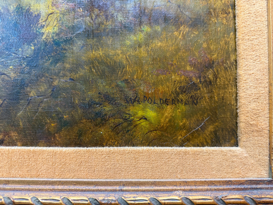 LARGE FRAMED SYLVAN LANSCAPE OIL PAINTING WITH STREAM BY W.E. POLDERMAN