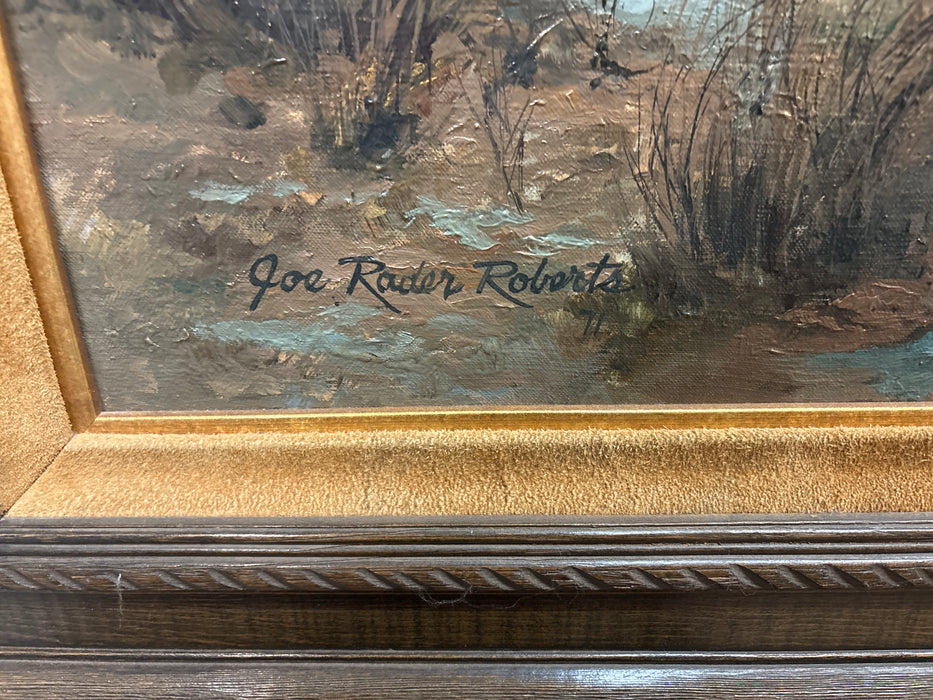HUGE BROWN FRAMED WESTERN SCENE OF COVERED WAGON “A WET WINDY DAY” - SIGNED JOE RADER ROBERTS