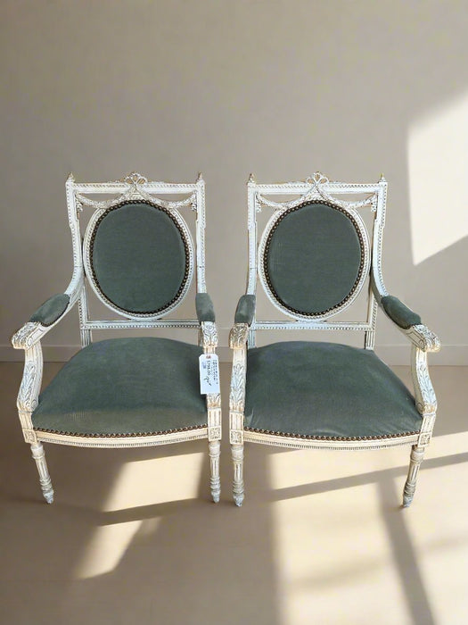 PAIR OF LOUIS XVI WHITE PAINTED ARM CHAIRS