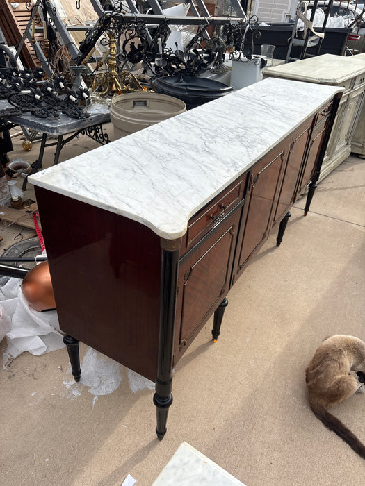 LOUIS XVI WHITE MARBLE TOP 4 DOOR MAHOGANY SIDEBOARD