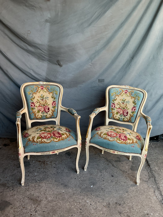 PAIR OF PETITE BLUE NEEDLE POINT FAUTEUIL CHAIRS