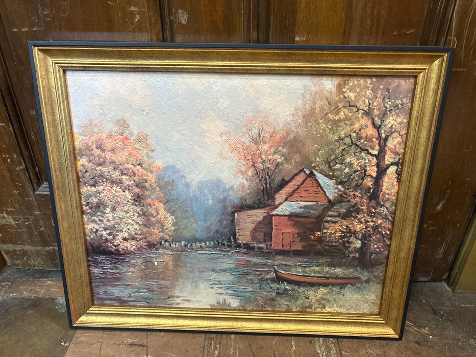 GOLD FRAMED AUTUMN HOUSE BY POND - BY ROBERT WOOD
