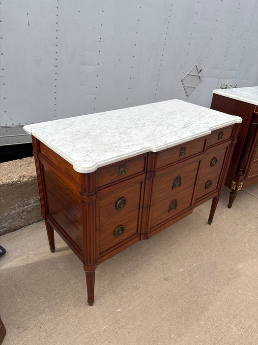 LOUIS XVI WHITE MARBLE TOP 5 DRAWER CHEST WITH RIBBION AND LAUREL PULLS