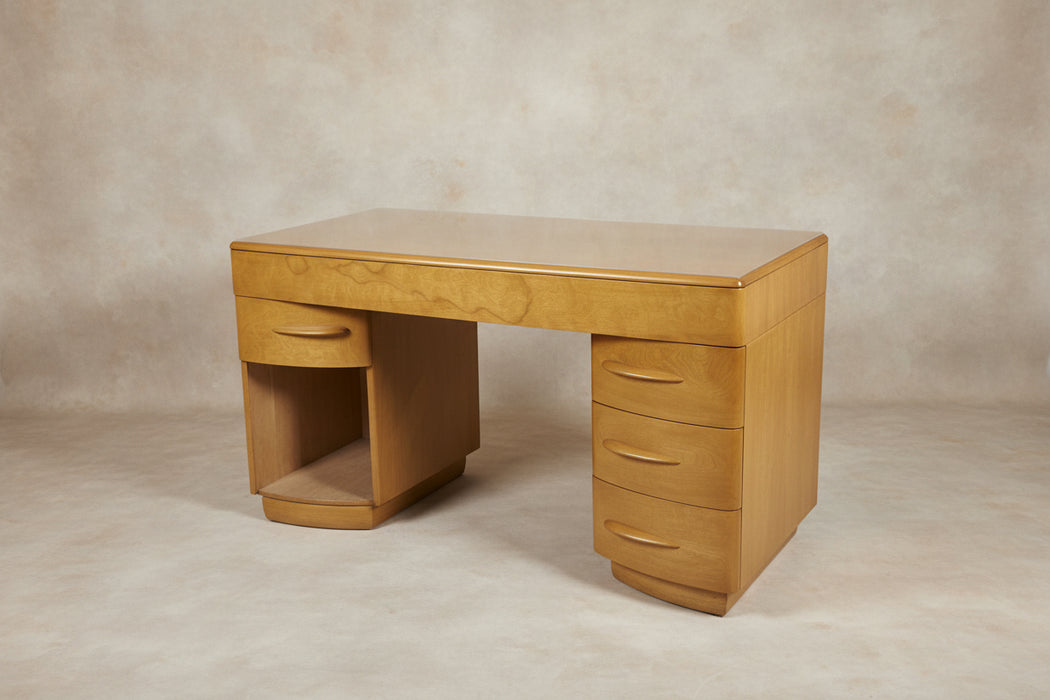 HEYWOOD WAKEFIELD MIDCENTURY MODERN 6 DRAWER MAPLE DESK WITH LUCITE TOP