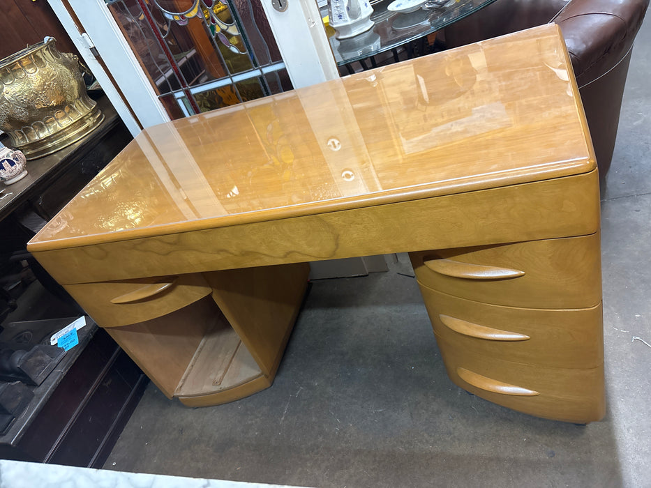 HEYWOOD WAKEFIELD MIDCENTURY MODERN 6 DRAWER MAPLE DESK WITH LUCITE TOP