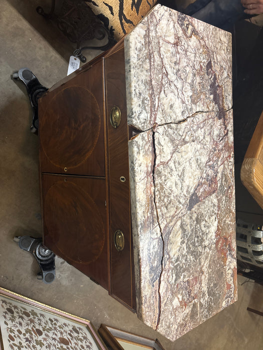 INLAID MAHOGANY MARBLE TOP CABINET WITH CANTED CORNERS AND DRAWERS - AS FOUND MARBLE IN PIECES