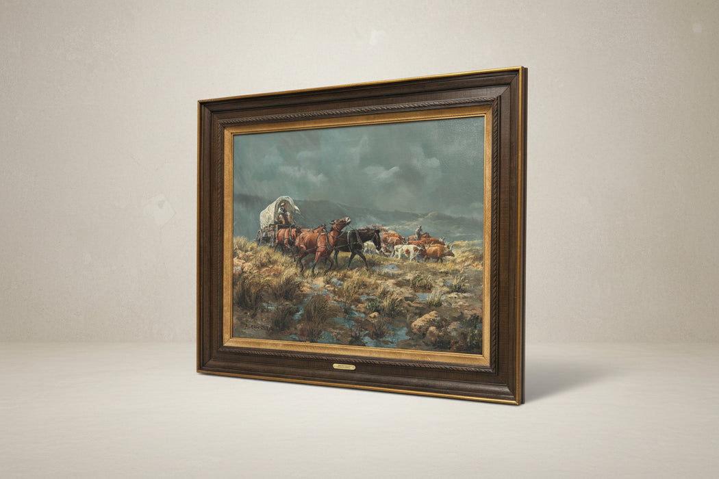 HUGE BROWN FRAMED WESTERN SCENE OF COVERED WAGON “A WET WINDY DAY” - SIGNED JOE RADER ROBERTS