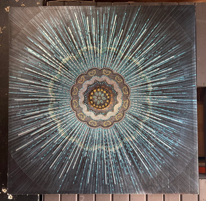 LARGE MODERN BLUE BEADED FLORETTE ON CANVAS