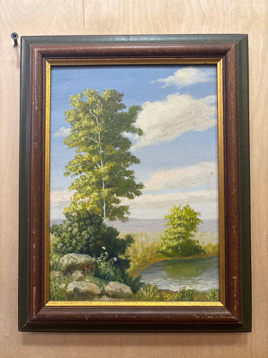 SMALL FRAMED VERTICLE LANDSCAPE OF TREE BY A POND - SIGNED DORITTA SWIFT 1953