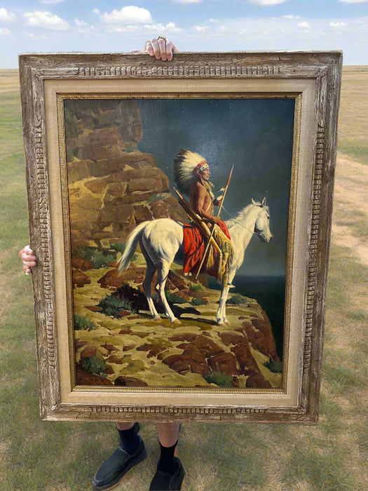 FRAMED OIL PAINTING OF AN  INDIAN ON HORSEBACK SIGNED RM ZOY