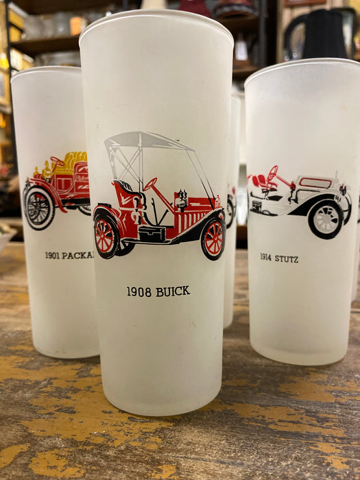 SET OF 5 FROSTED COLLINS GLASSES WITH ANTIQUE CARS