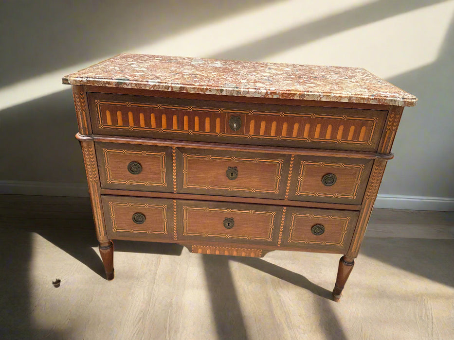 LOUIS XVI PUDDING MARBLE TOP 3 DRAWER INLAID CHEST