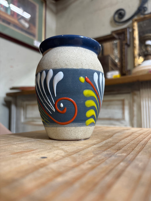 SMALL BLUE AND YELLOW POTTERY VASES 1 EACH OF 2