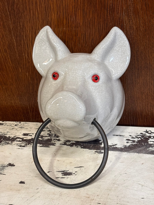 WHITE PORCELAIN PIG TOWEL HOLDER WITH RED EYES