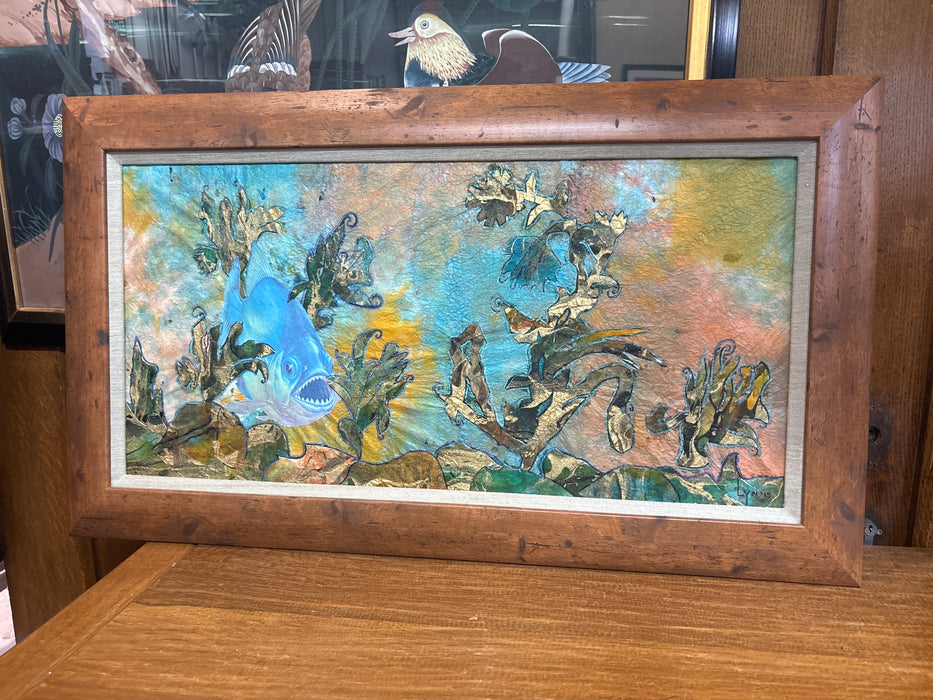 LARGE WOOD FRAMED PIRANHA IN REEF DECOUPAGE - SIGNED LYN’15