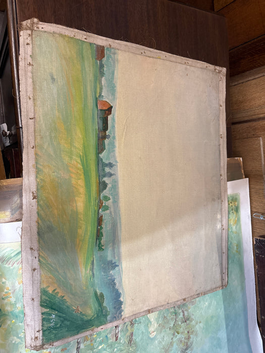 MEDIUM PAINTING OF VILLAGE LANDSCAPE - SIGNED