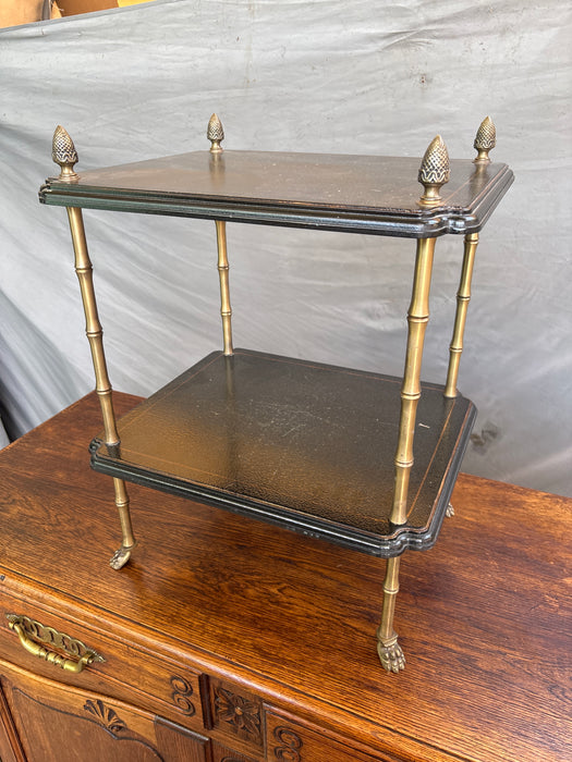 FAUX BAMBOO BRASS 2 TIER BLACK LEATHER STAND TABLE