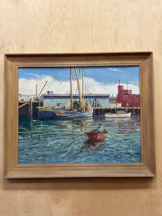 WOOD FRAMED OIL PAINTING OF HARBOR SCENE WITH BOY ROWING BOAT - SIGNED ARTHUR LEPIN 1952