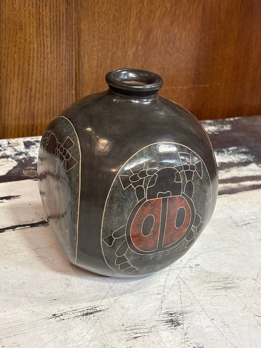MEDIUM SQUARE BLACK AND RED BEETLE VASE - AS FOUND