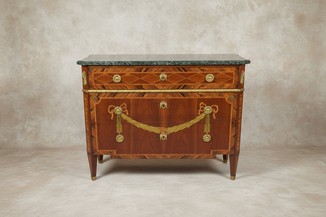 LOUIS XVI INLAID FESTOON GREEN MARBLE TOP CHEST