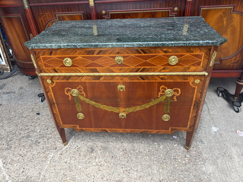 LOUIS XVI INLAID FESTOON GREEN MARBLE TOP CHEST