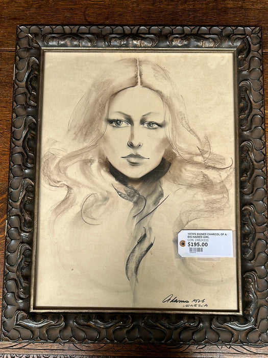 1970'S SIGNED CHARCOL OF A BIG HAIRED GIRL