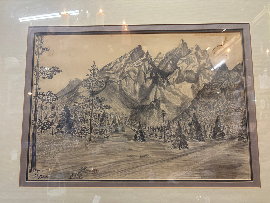 FRAMED WESTERN PENCIL DRAWING OF FOREST PATH AT MOUNTAIN BASE -SIGNED ‘51 ALLEN - AS FOUND