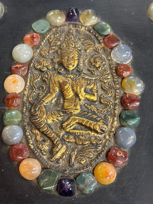 INDIAN BRASS CLAD BEJEWELED WOOD BOX WITH DEITY