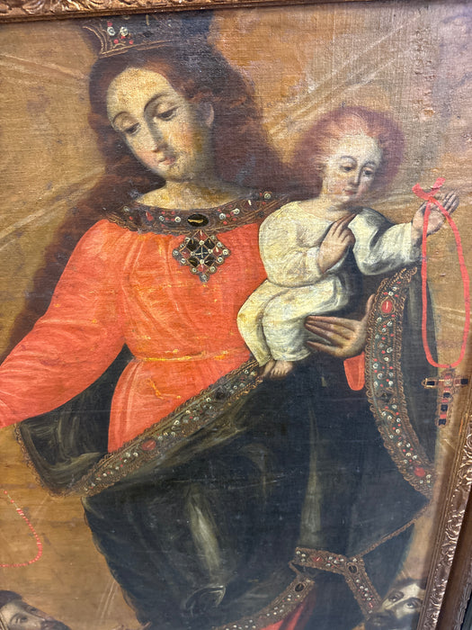 LARGE BLACK AND BROWN FRAMED RELIGIOUS OIL PAINTING OF MARY AND JESUS