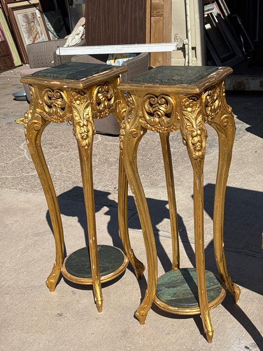 PAIR OF GILT DISTRESSED GREEN MARBLE PEDESTALS
