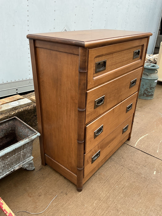 FAUX BAMBOO AND CANE 4 DRAWER MAPLE CHEST - AS FOUND MISSING HANDLES