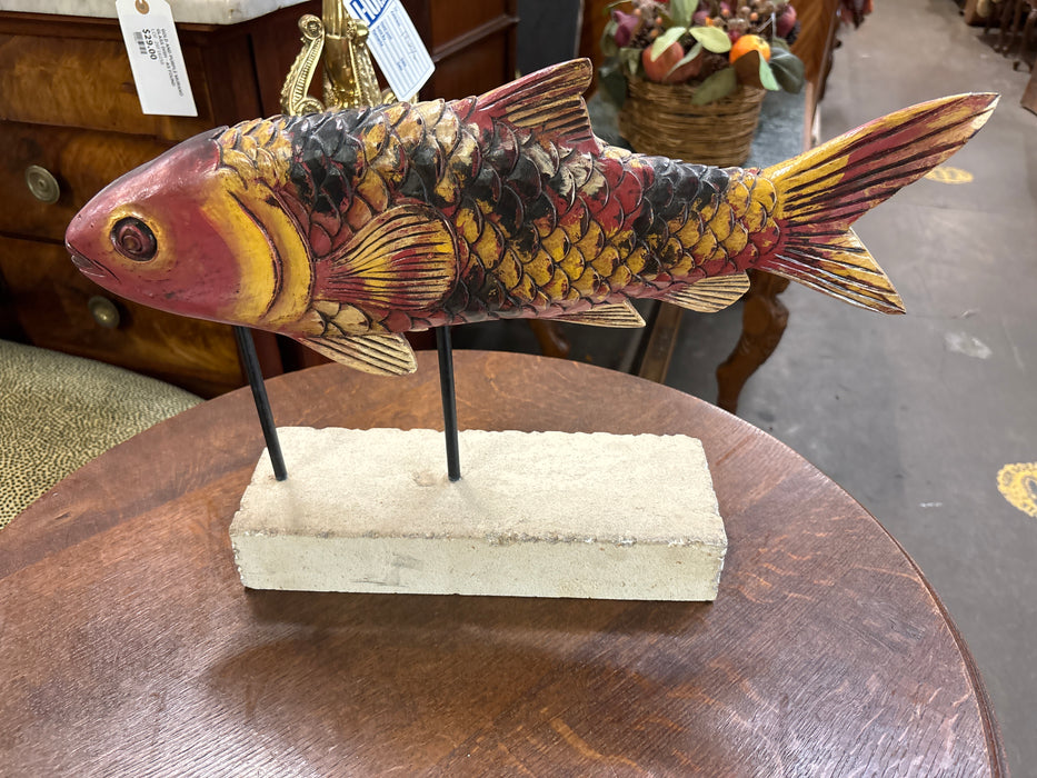 WOOD KOI FISH ON STONE BASE