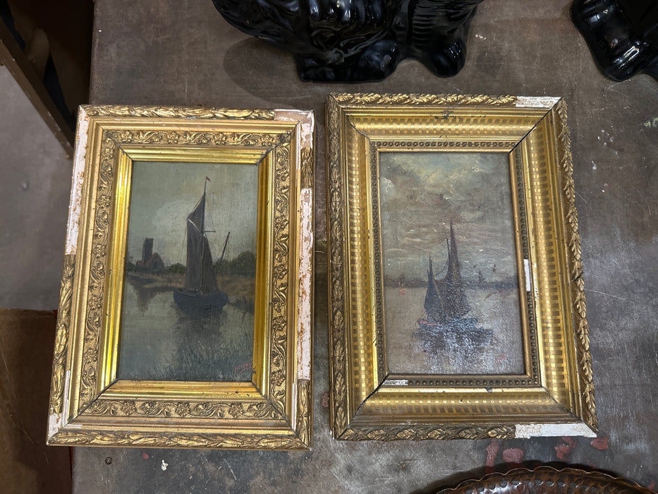 SMALL PAIR OF VERTICAL SAILBOAT OIL PAINTINGS