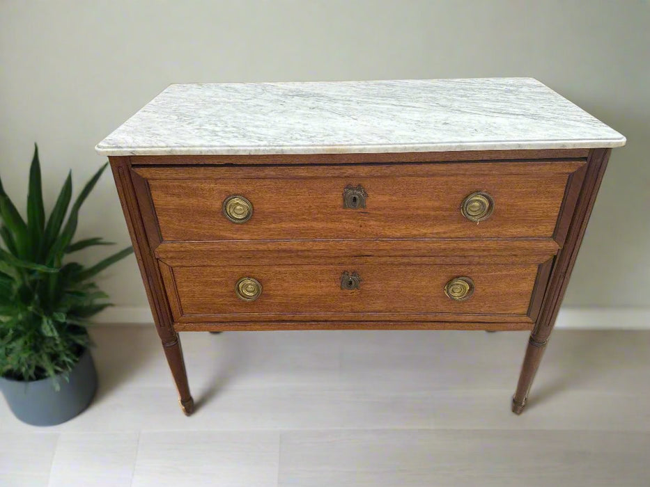 AS FOUND SMALL LOUIS XVI 2 DRAWER WHITE MARBLE TOP CHEST WITH CABLE FLUTING