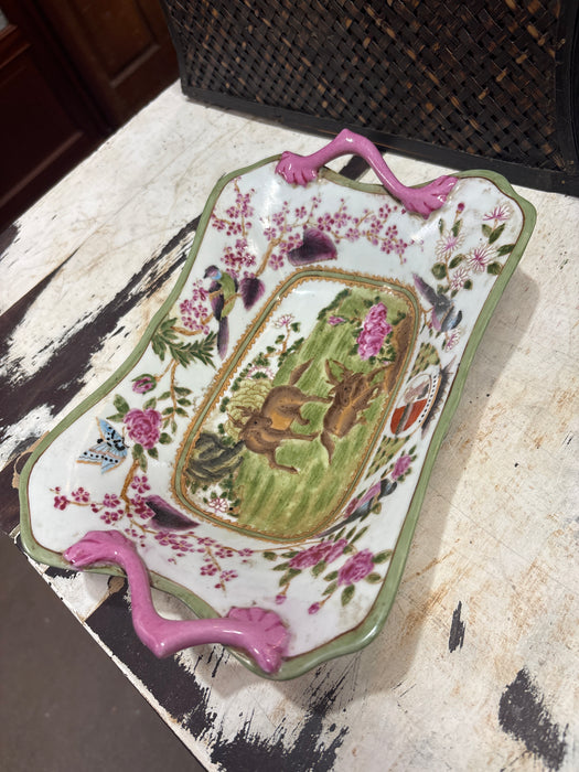 SMALL GREEN AND PINK FLORAL COMPOTE WITH DEER AND HANDLES