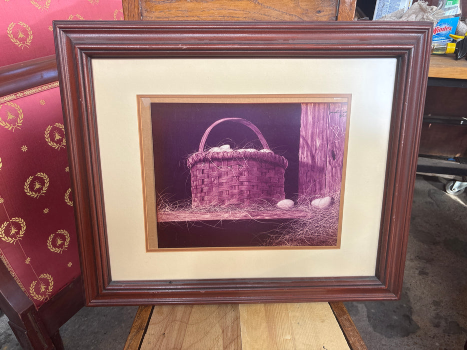 BROWN FRAMED PRINT OF BASKET WITH EGGS - SIGNED ANDREW CHAPMAN
