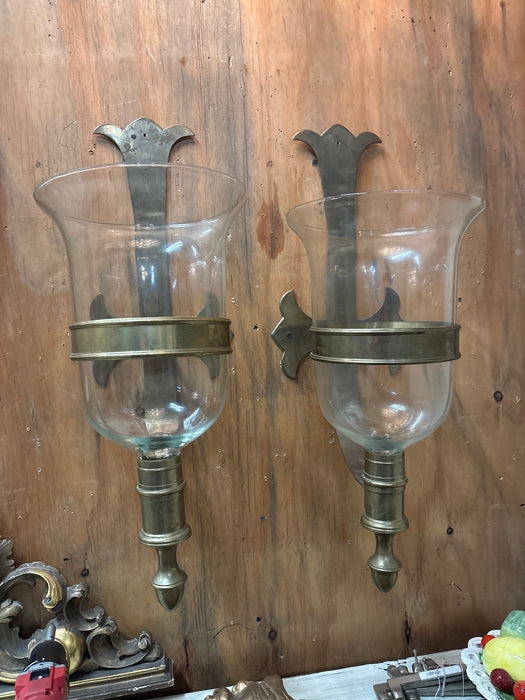 PAIR OF BRASS AND GLASS CANDLE WALL SCONCES