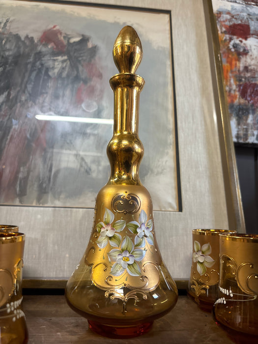 7 PIECE VINTAGE MURANO GLASS GOLD WITH FLORAL OVERLAY DECANTER SET WITH 6 GLASSES