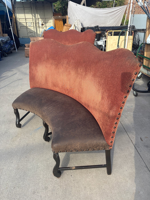 HIGH BACK RED AND BROWN UPHOLSTERED BANQUETTE COUCH 1 EACH OF 2
