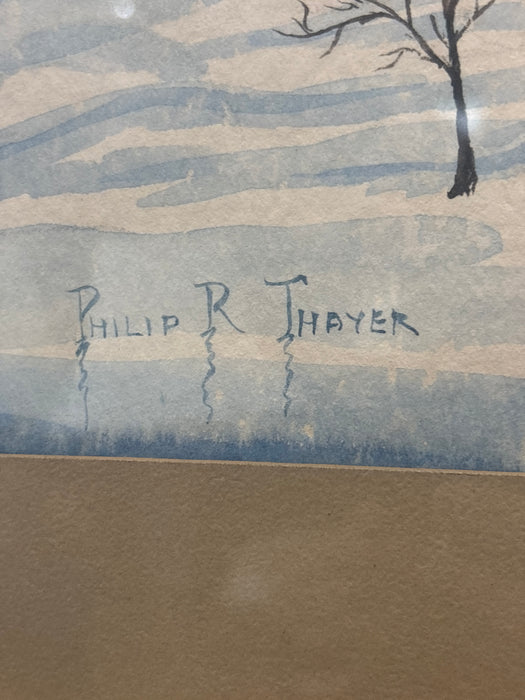 LANDSCAPE WATERCOLOR PAINTING OF WINTER SCENE MOUNTAIN RIVER - SIGNED PHILLIP R. THAYER