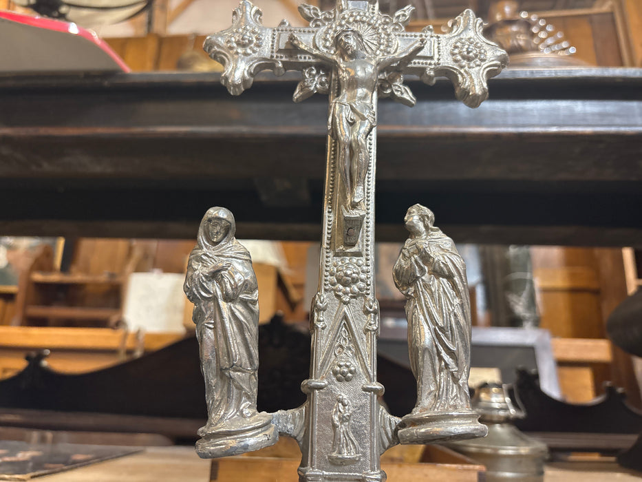 MEDIUM STANDING METAL CRUCIFIX WITH HOLY FAMILY - AS FOUND