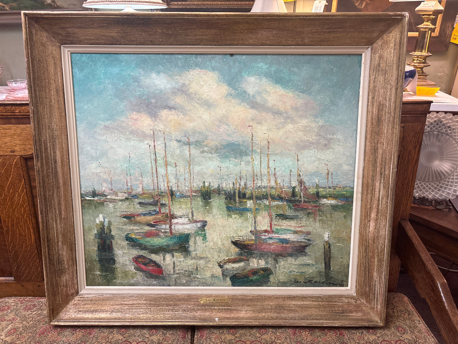 LARGE RUSTIC FRAMED MIDCENTURY OIL PAINTING OF SAILBOATS AT BAY - SIGNED LUC KAISEN
