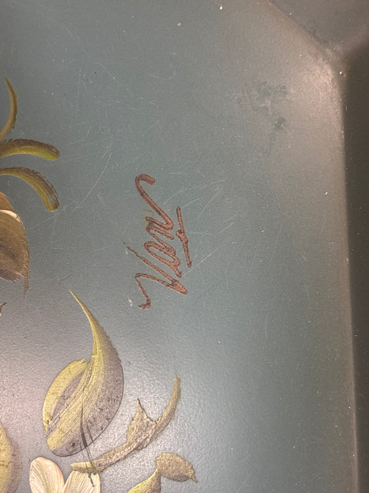 LARGE BLUE OCTAGON SHAPED FRUIT TOLE PAINTED TRAY