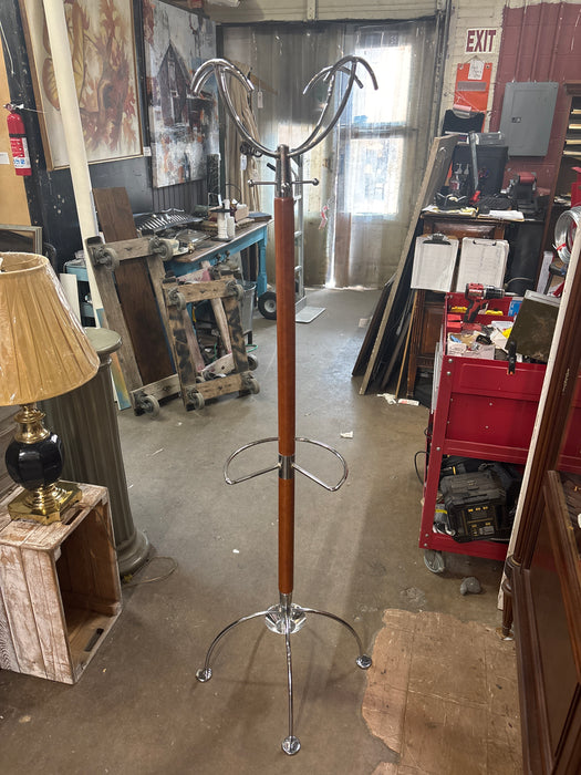 MID CENTURY STAINLESS STEEL AND WOOD POLE STYLE HALL TREE