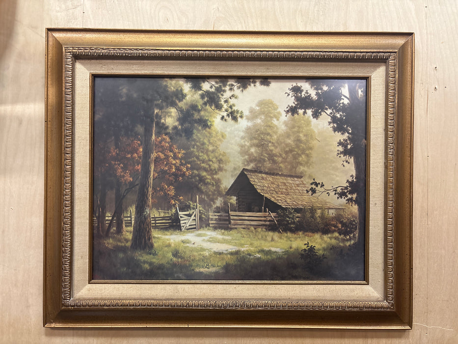 FRAMED PRINT OF HOUSE WITH IN THE WOODS - SIGNED CHARLES WINDBURG