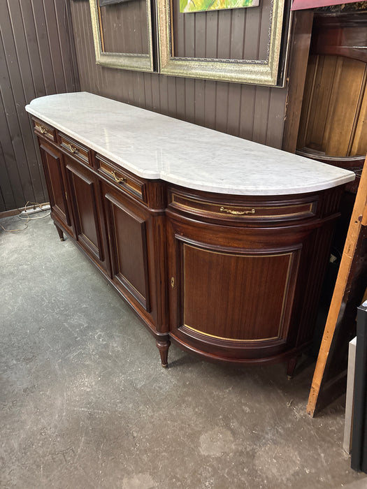 LOUIS XVI MAHOGANY 4 DRAWER WHITE MARBLE TOP CURVED END SIDEBOARD