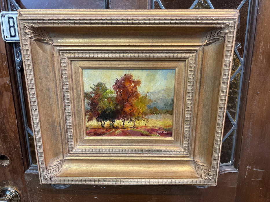 GOLD POPLAR WOOD FRAMED OIL PAINTING OF AUTUMN TREES - SIGNED R. DAVIS