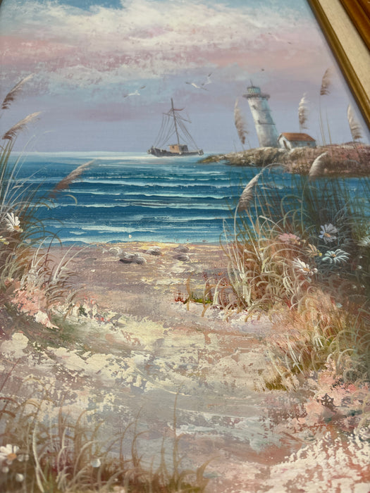 VINTAGE OIL PAINTING OF LIGHTHOUSE HARBOR SCENE "TRANQUIL DAY" - SIGNED BRIAN ROENE