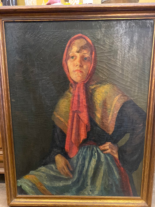 OIL PAINTING OF WOMAN IN RED SCARF BY TEXAS ARTIST RUBY STONE